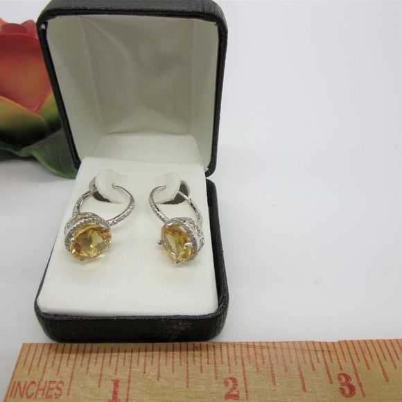 New in Box, Sterling Silver 925 Citrine and Clear Rhinestones Dangle Earrings - Picture 2 of 4